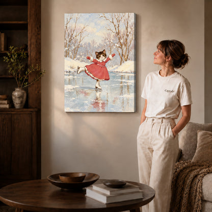 Gallery wrapped winter skating kitten artwork with shaded canvas edges beside a woman wearing cream clothing.