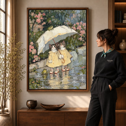 Walnut framed raincoat kitten friends artwork scene assigned to all six walnut framed canvas sizes.