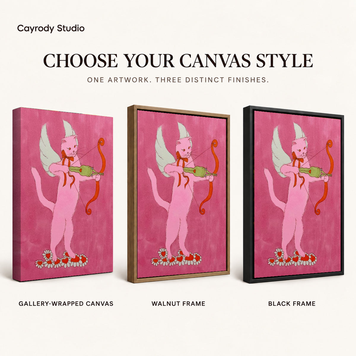 Cupid Archer Cat artwork finish chart showing gallery wrapped canvas, walnut frame, and black frame options.