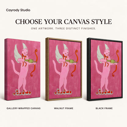 Cupid Archer Cat artwork finish chart showing gallery wrapped canvas, walnut frame, and black frame options.