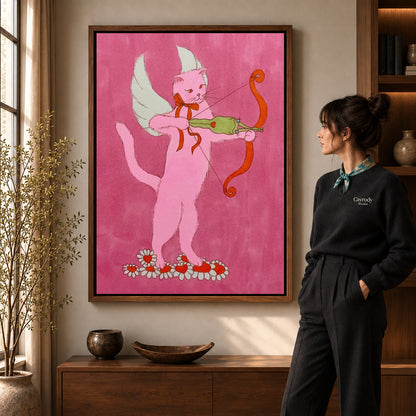 Walnut framed cupid archer cat artwork scene assigned to all six walnut framed canvas sizes.
