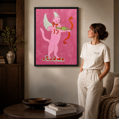 Black framed cupid archer cat artwork scene assigned to all six black framed canvas sizes.