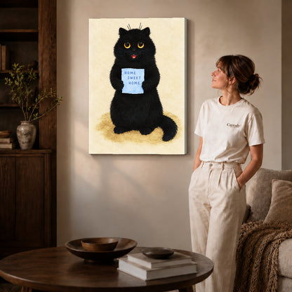 Gallery wrapped home sweet cat artwork with shaded canvas edges beside a woman wearing cream clothing.