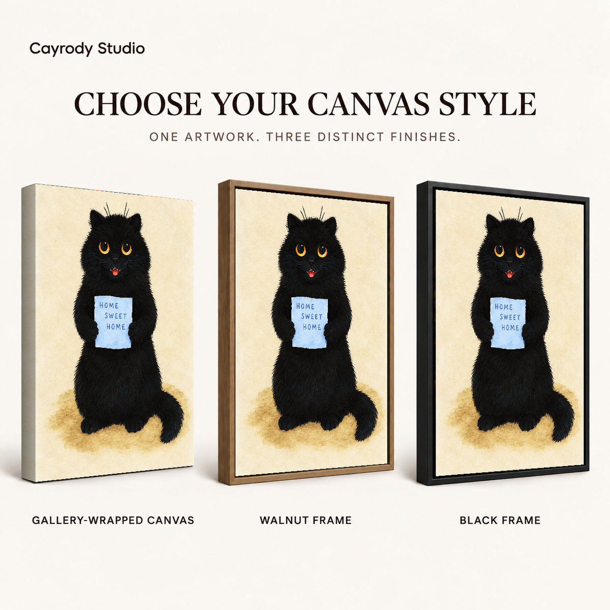 Home Sweet Cat artwork finish chart showing gallery wrapped canvas, walnut frame, and black frame options.