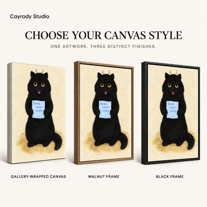 Home Sweet Cat artwork finish chart showing gallery wrapped canvas, walnut frame, and black frame options.