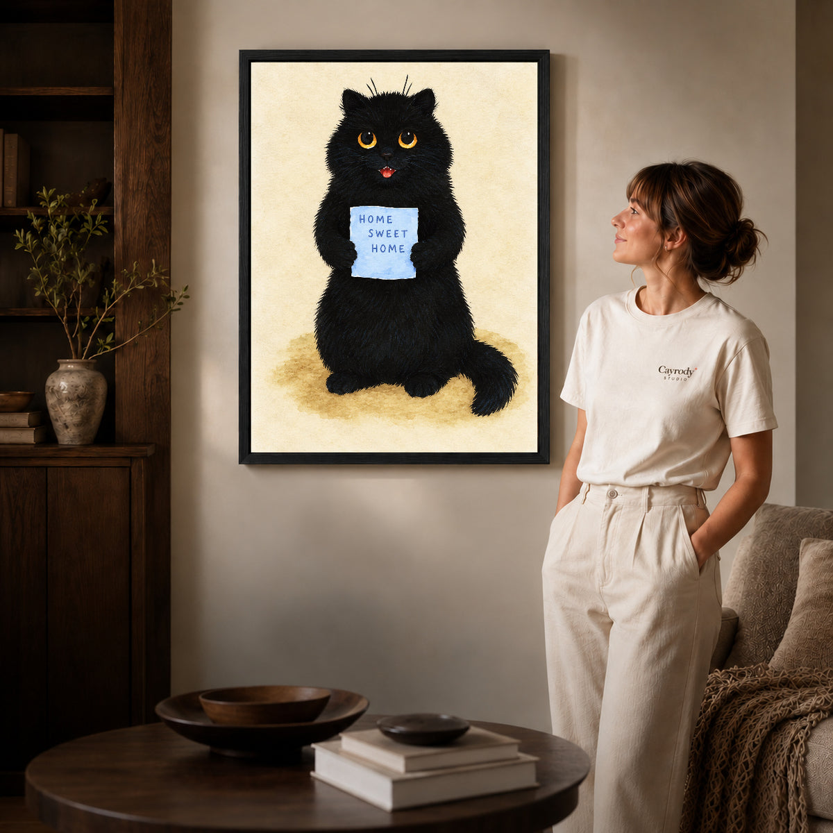 Black framed home sweet cat artwork scene assigned to all six black framed canvas sizes.