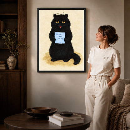Black framed home sweet cat artwork scene assigned to all six black framed canvas sizes.