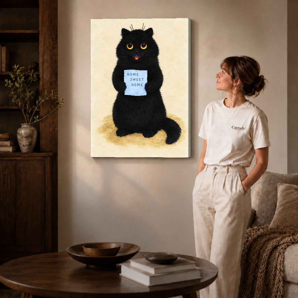 Gallery wrapped home sweet cat artwork scene assigned to all six unframed wrapped canvas sizes.