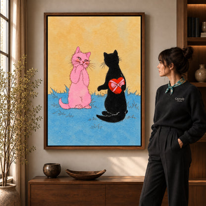 Hidden Heart Cat artwork in a walnut frame beside a standing woman in a warm room.