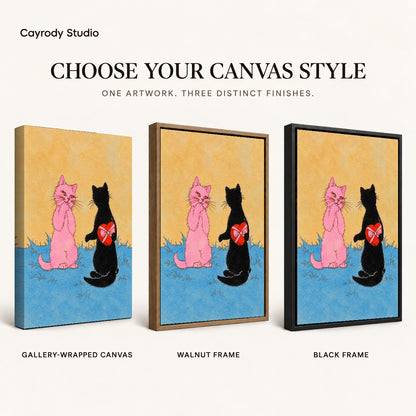 Hidden Heart Cat artwork finish chart showing gallery wrapped canvas, walnut frame, and black frame options.