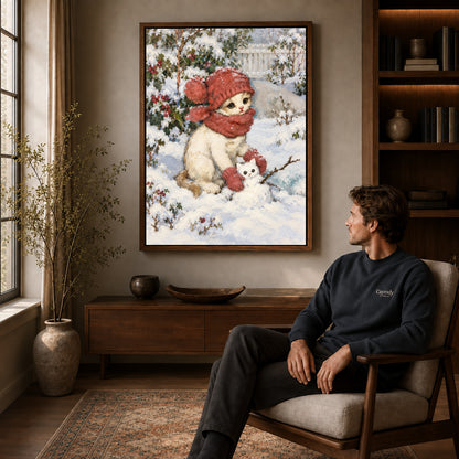 Walnut framed snowman kitten friend artwork above a seated man in a wood furnished living room.