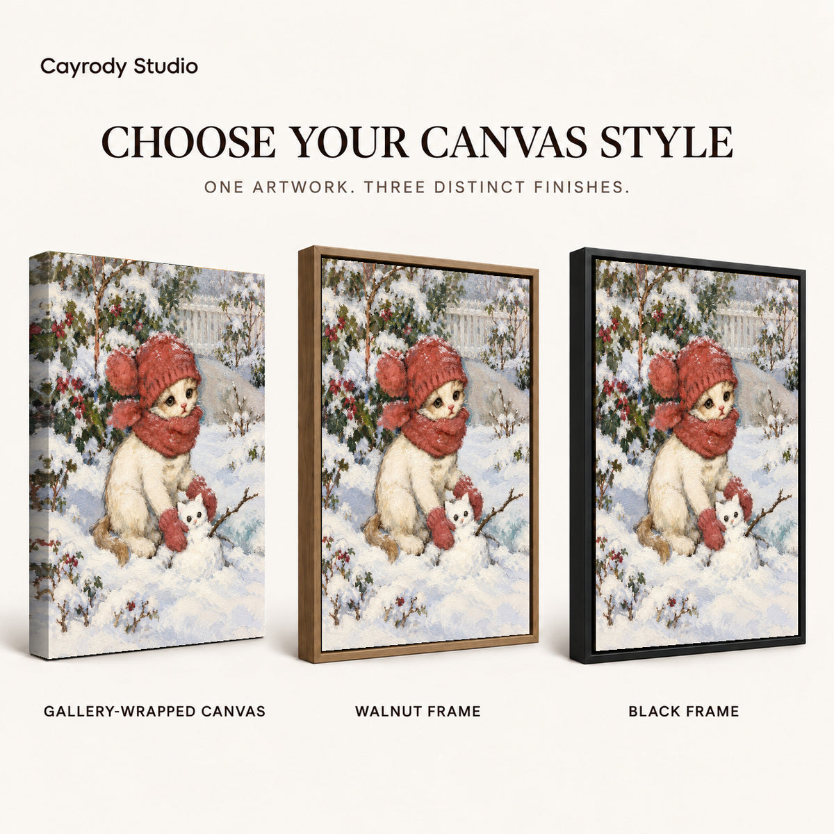 Snowman Kitten Friend artwork finish chart showing gallery wrapped canvas, walnut frame, and black frame options.