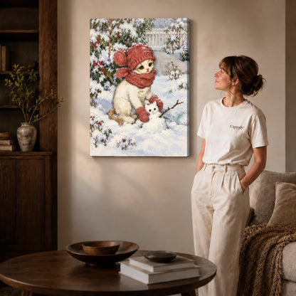 Gallery wrapped snowman kitten friend artwork scene assigned to all six unframed wrapped canvas sizes.