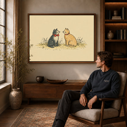 Walnut framed bow tie cat pair artwork above a seated man in a wood furnished living room.