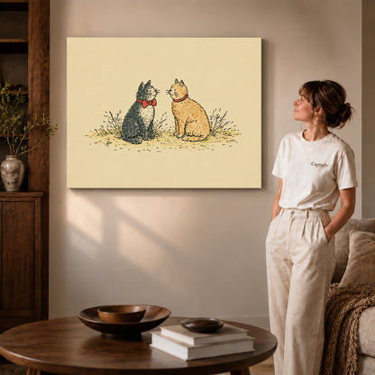 Gallery wrapped bow tie cat pair artwork with shaded canvas edges beside a woman wearing cream clothing.