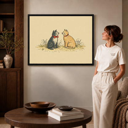 Black framed bow tie cat pair artwork beside a woman in a warm neutral living room.