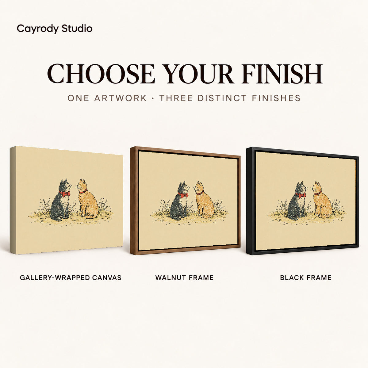 Bow Tie Cat Pair artwork finish chart showing gallery wrapped canvas, walnut frame, and black frame options.