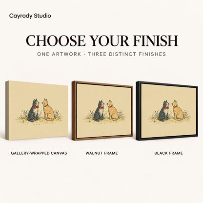 Bow Tie Cat Pair artwork finish chart showing gallery wrapped canvas, walnut frame, and black frame options.