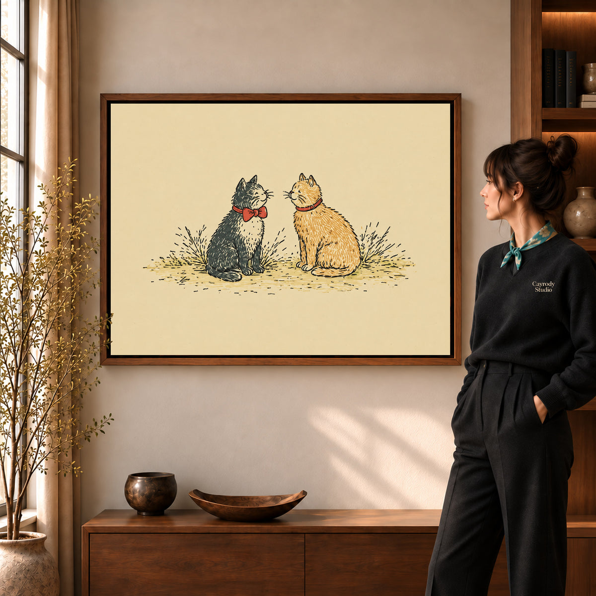 Walnut framed bow tie cat pair artwork scene assigned to all six walnut framed canvas sizes.