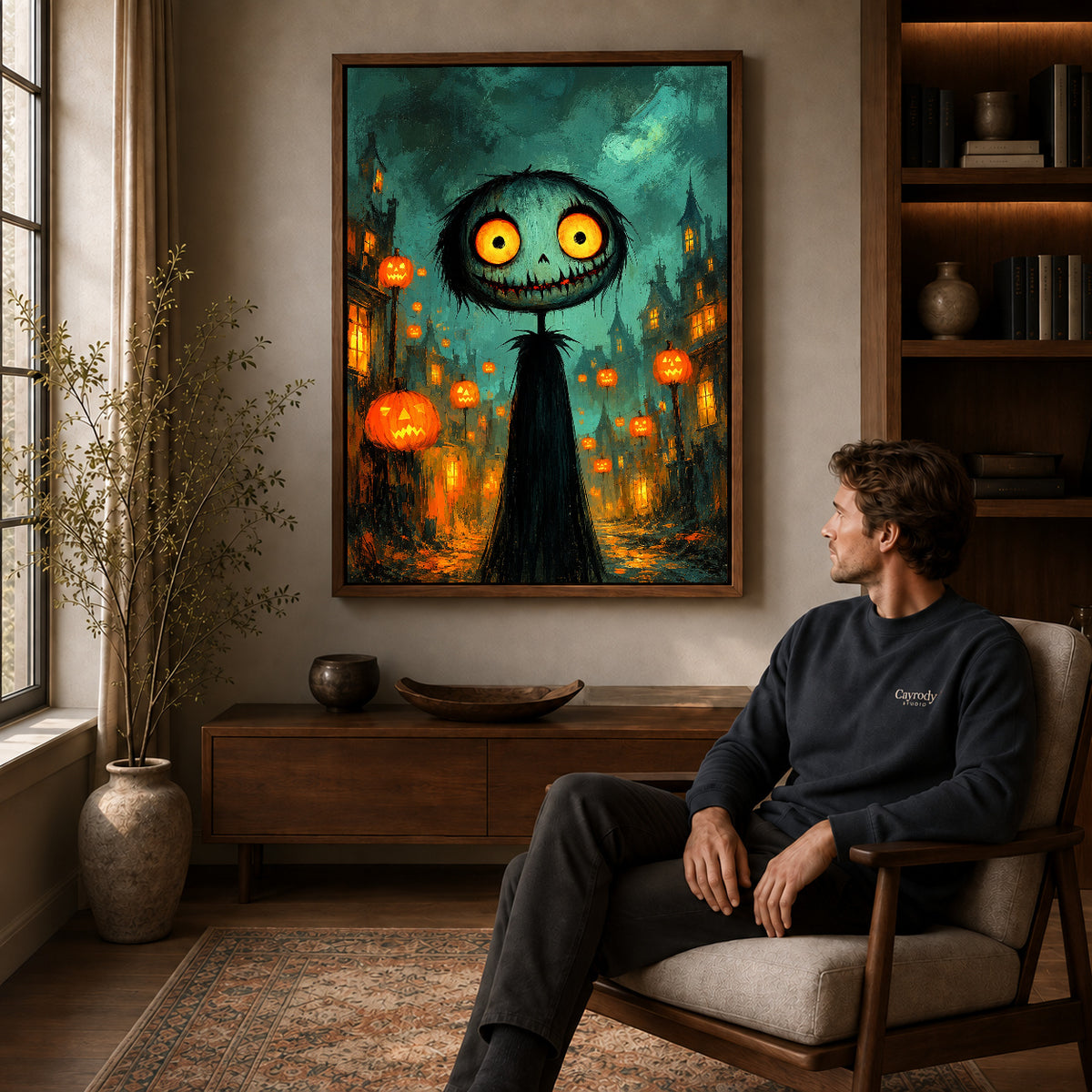 Walnut framed glowing halloween creature artwork above a seated man in a wood furnished living room.