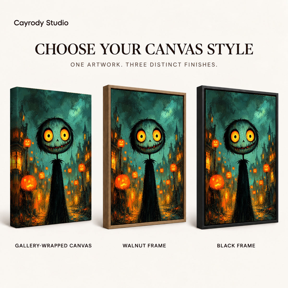 Glowing Halloween Creature artwork finish chart showing gallery wrapped canvas, walnut frame, and black frame options.