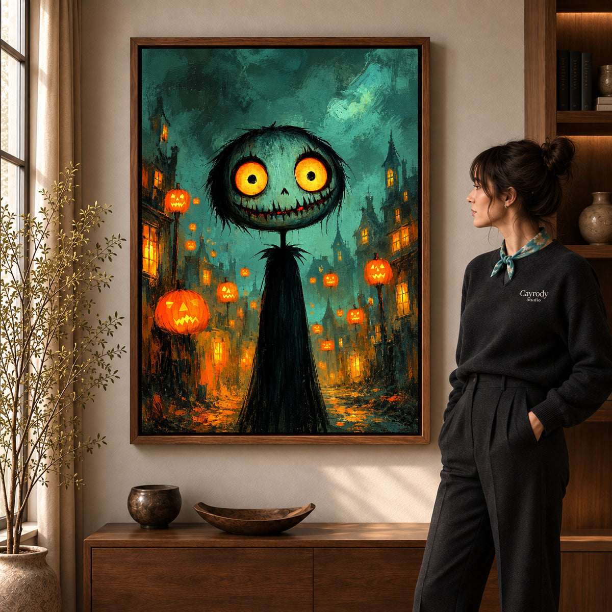 Walnut framed glowing halloween creature artwork scene assigned to all six walnut framed canvas sizes.
