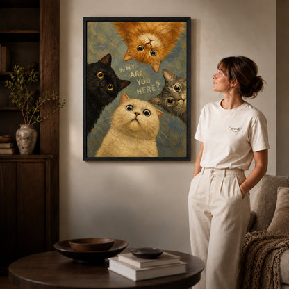 Black framed curious cat quartet artwork beside a woman in a warm neutral living room.