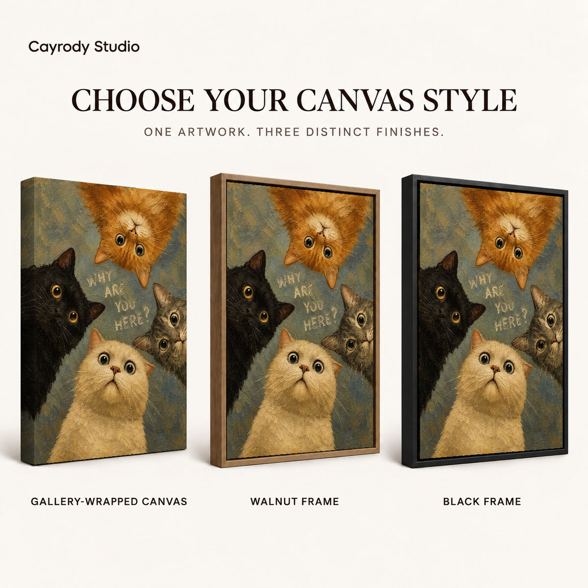 Curious Cat Quartet artwork finish chart showing gallery wrapped canvas, walnut frame, and black frame options.