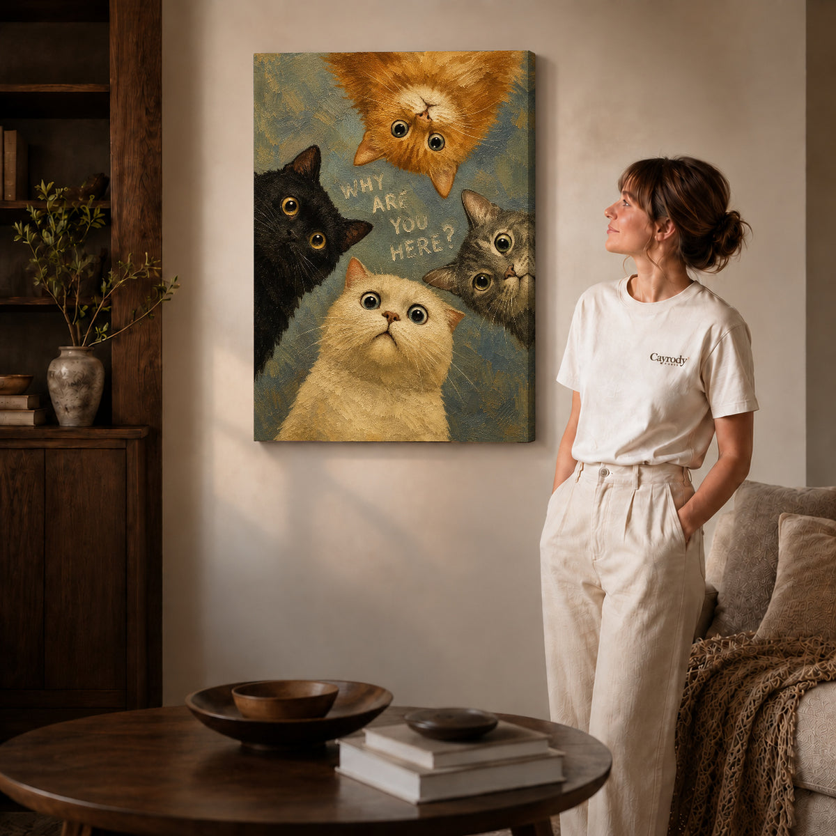 Gallery wrapped curious cat quartet artwork scene assigned to all six unframed wrapped canvas sizes.