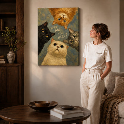 Gallery wrapped curious cat quartet artwork scene assigned to all six unframed wrapped canvas sizes.