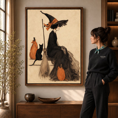 Elegant Witch Companion artwork in a walnut frame beside a standing woman in a warm room.
