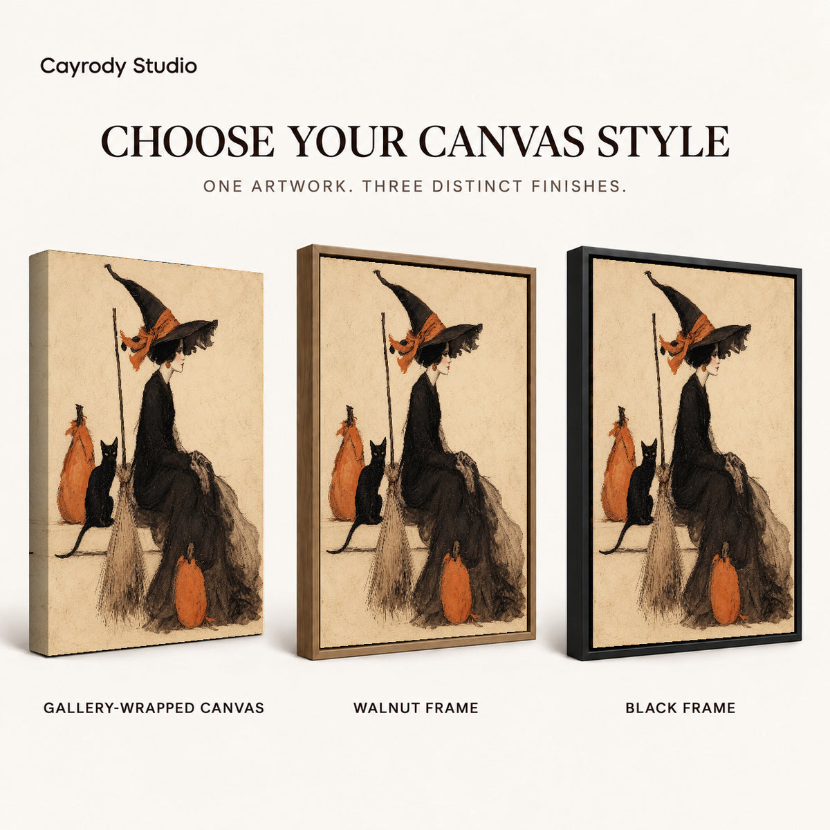 Elegant Witch Companion artwork finish chart showing gallery wrapped canvas, walnut frame, and black frame options.