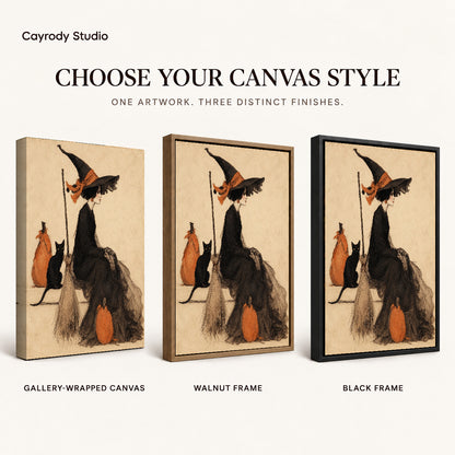 Elegant Witch Companion artwork finish chart showing gallery wrapped canvas, walnut frame, and black frame options.
