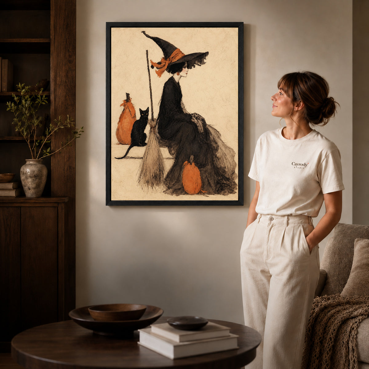 Black framed elegant witch companion artwork scene assigned to all six black framed canvas sizes.