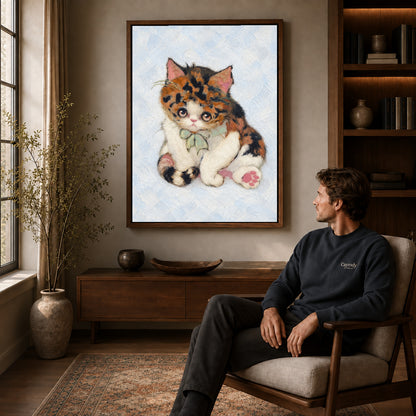 Walnut framed calico bow kitten artwork above a seated man in a wood furnished living room.