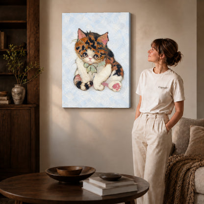 Gallery wrapped calico bow kitten artwork with shaded canvas edges beside a woman wearing cream clothing.