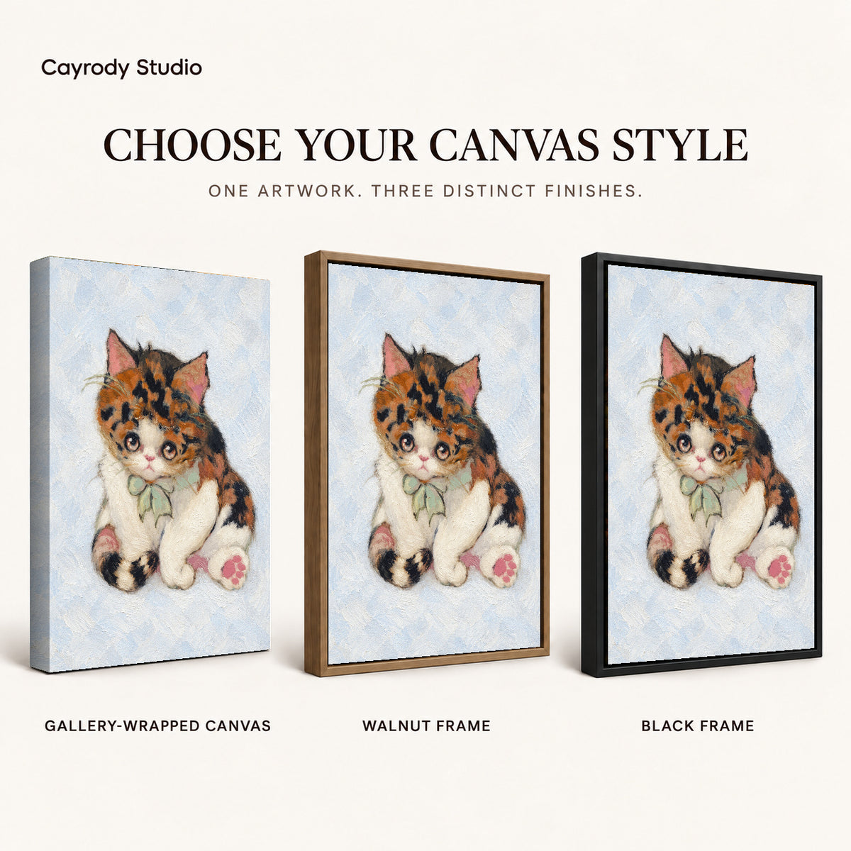 Calico Bow Kitten artwork finish chart showing gallery wrapped canvas, walnut frame, and black frame options.