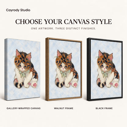 Calico Bow Kitten artwork finish chart showing gallery wrapped canvas, walnut frame, and black frame options.