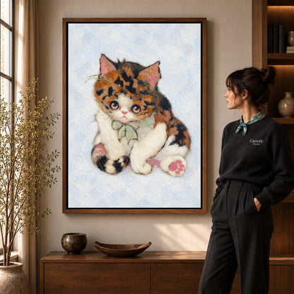 Walnut framed calico bow kitten artwork scene assigned to all six walnut framed canvas sizes.