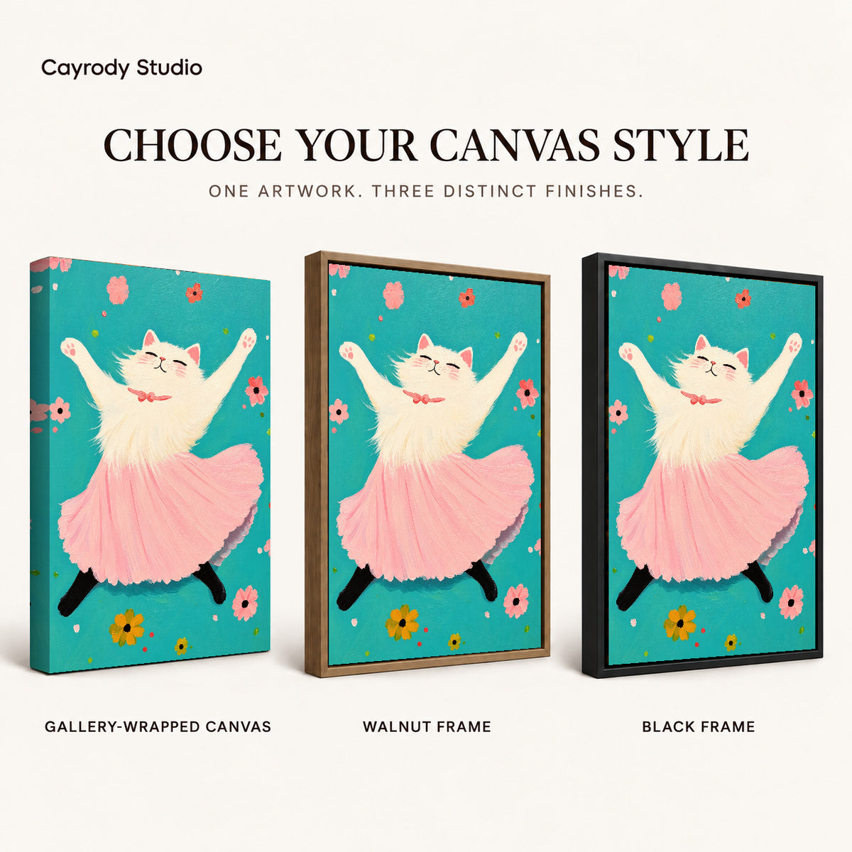 Joyful Ballet Cat artwork finish chart showing gallery wrapped canvas, walnut frame, and black frame options.