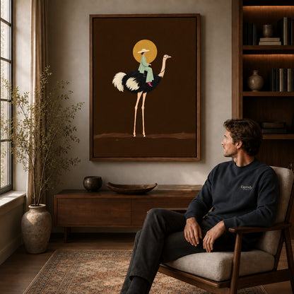 Walnut framed moonlit ostrich rider artwork above a seated man in a wood furnished living room.