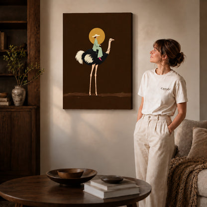 Gallery wrapped moonlit ostrich rider artwork with shaded canvas edges beside a woman wearing cream clothing.