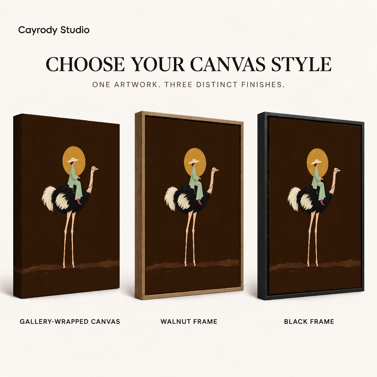 Moonlit Ostrich Rider artwork finish chart showing gallery wrapped canvas, walnut frame, and black frame options.