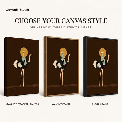 Moonlit Ostrich Rider artwork finish chart showing gallery wrapped canvas, walnut frame, and black frame options.
