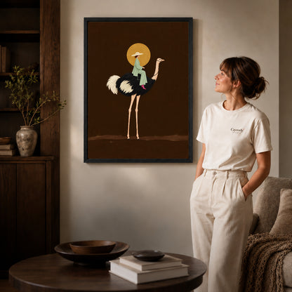 Black framed moonlit ostrich rider artwork scene assigned to all six black framed canvas sizes.