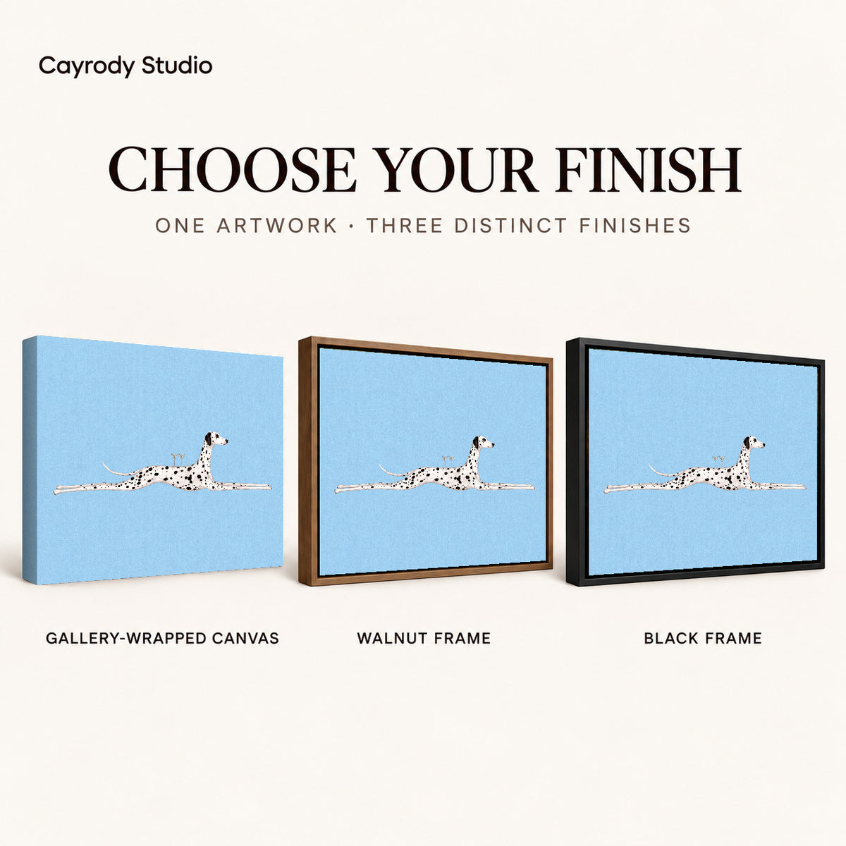Long Dalmatian Lounge artwork finish chart showing gallery wrapped canvas, walnut frame, and black frame options.
