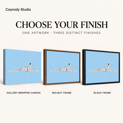 Long Dalmatian Lounge artwork finish chart showing gallery wrapped canvas, walnut frame, and black frame options.