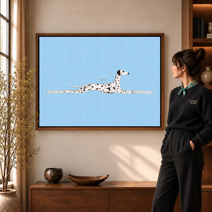 Walnut framed long dalmatian lounge artwork scene assigned to all six walnut framed canvas sizes.