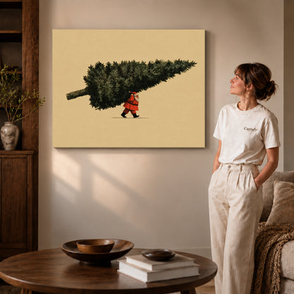 Gallery wrapped santa giant tree artwork with shaded canvas edges beside a woman wearing cream clothing.
