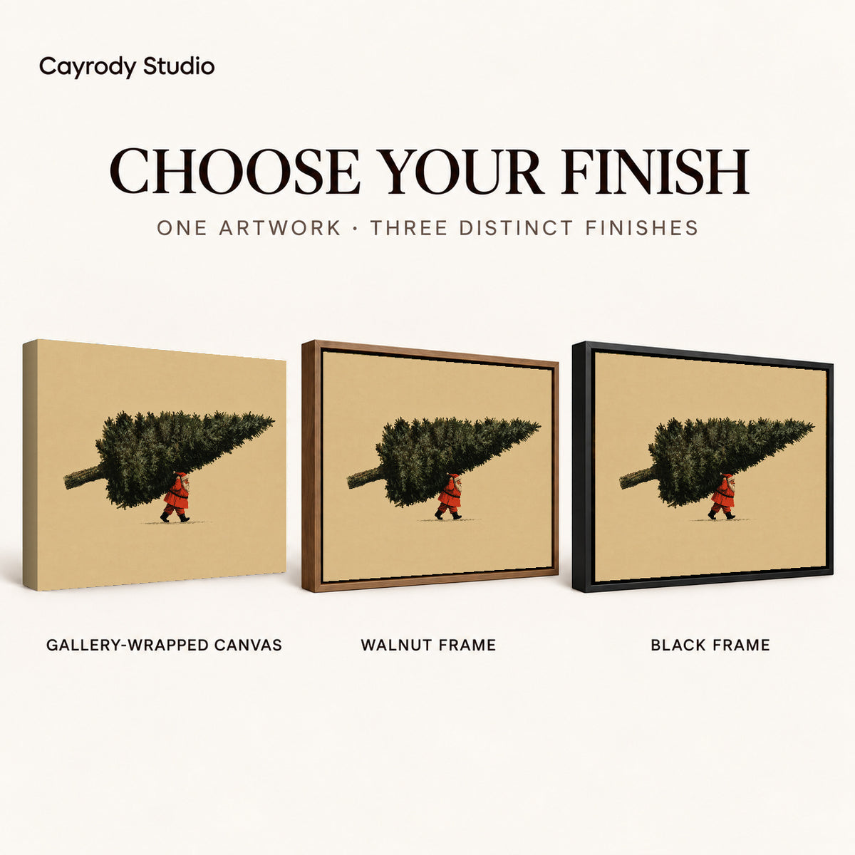 Santa Giant Tree artwork finish chart showing gallery wrapped canvas, walnut frame, and black frame options.